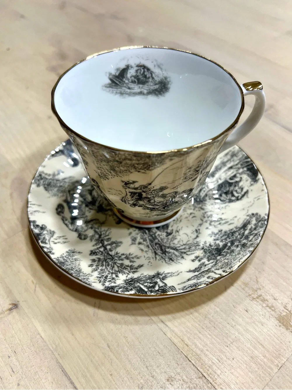 Vintage Bone China Teacup and Saucer - Toile